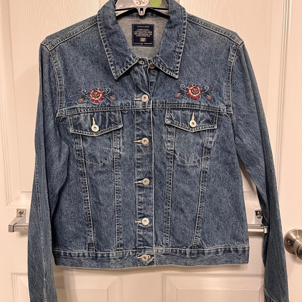 Faded Glory Womens Medium Stone Wash Floral Embroidered Denim Jacket Large